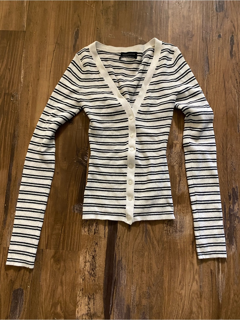 Urban Outfitters Black White Striped Ribbed Cardigan Sweater Size Small Y2K - Picture 2 of 5